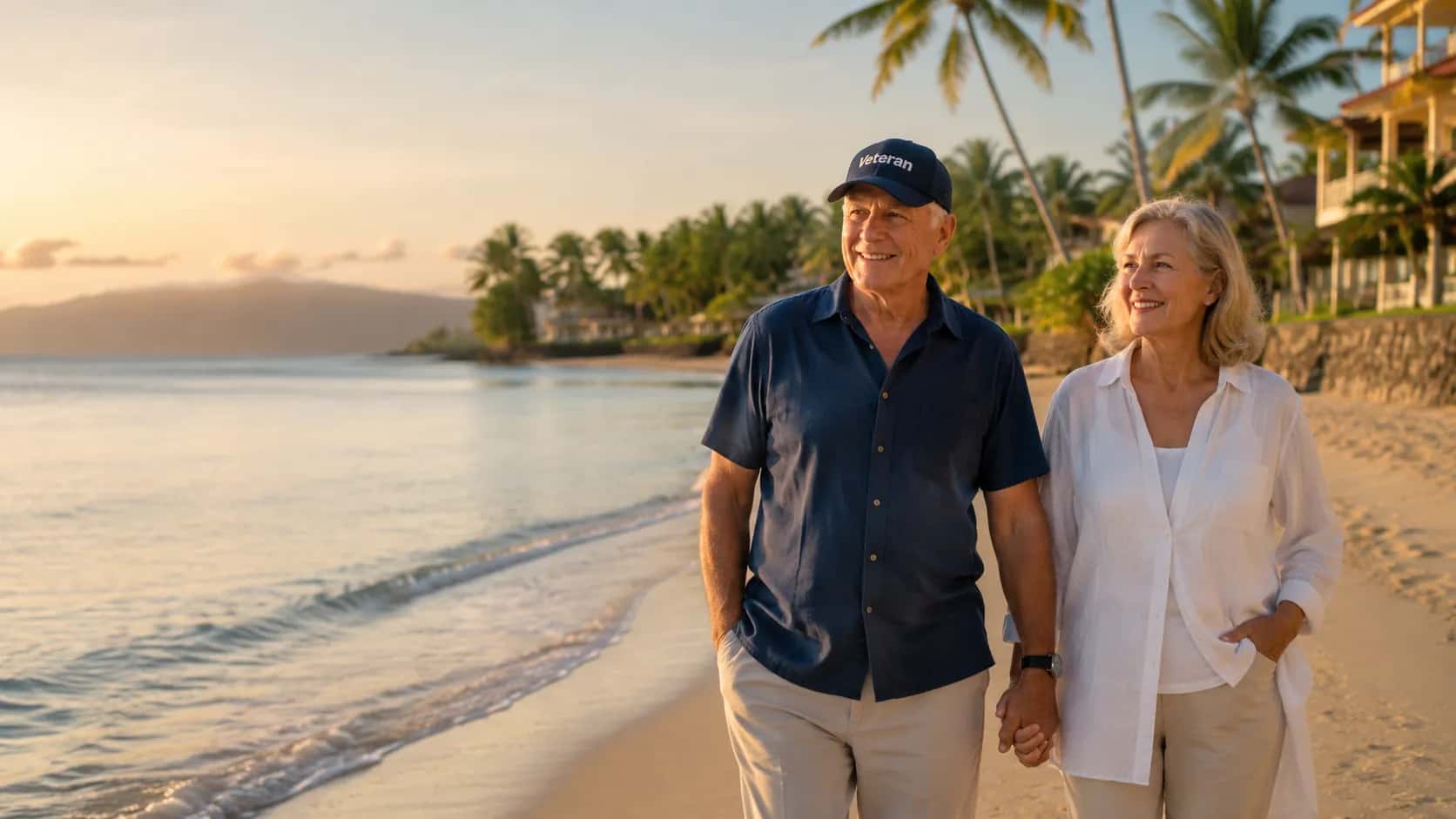 A retired couple walking a Philippine beach at sunset, the husband in a veteran ball cap