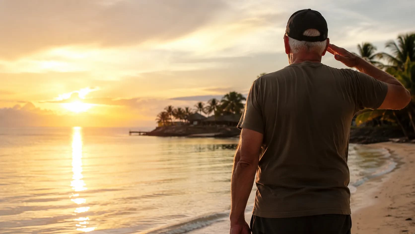 A veteran in a ball cap saluting the sunset over a Philippine beach